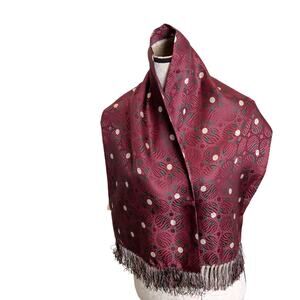 Vintage Cisco 100% Silk Men's Opera Scarf Geometric Maroon Red Fringe Trim